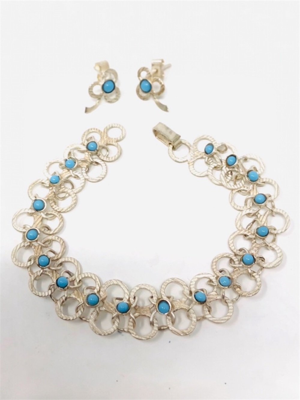 Sterling silver turquoise bracelet / earrings set, vintage circa 1940s